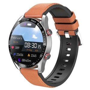 Likron 1.45 Inch Round Screen Smartwatch - Fitness Tracker with Bluetooth Call & Activity Monitoring - Orange Leather Strap