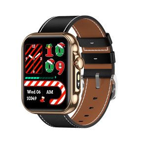 Likron HDT11 Smart Watch: Bluetooth Call, Music, Voice Assistant, Sleep Tracker, Flashlight, Smart Bracelet - Gold plate black leather