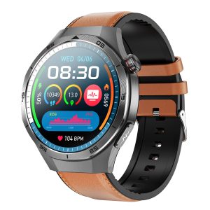 Likron Smart Watch ET456 | 1.56" AMOLED ECG Blood Sugar Blood Oxygen | Bluetooth Call | Metal Case | IP68 Waterproof - Brown Leather Strap