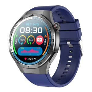 Likron Smart Watch ET456 | 1.56" AMOLED ECG Blood Sugar Blood Oxygen | Bluetooth Call | Metal Case | IP68 Waterproof - Blue Silicone Strap