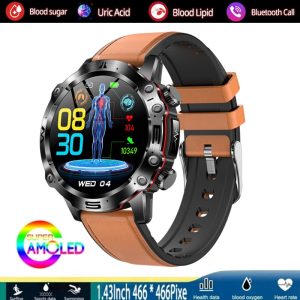 Likron ET482 Smartwatch | AMOLED HD Screen | Bluetooth Call | Multi-Sport Modes | Alarm Clock | Fitness Tracker - Brown belt