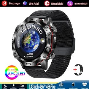 Likron ET482 Smartwatch | AMOLED HD Screen | Bluetooth Call | Multi-Sport Modes | Alarm Clock | Fitness Tracker - Black + black mesh