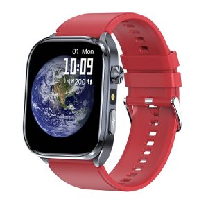 Likron Et572 ECG Smart Watch, Heart Rate, BP, Blood Oxygen, Non-invasive Glucose, Bluetooth Call, 2.0" Touchscreen, IP68 Waterproof, Black - Red Silicone Strap