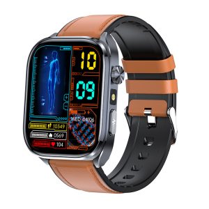 Likron Et572 ECG Smart Watch, Heart Rate, BP, Blood Oxygen, Non-invasive Glucose, Bluetooth Call, 2.0" Touchscreen, IP68 Waterproof, Black - Brown belt