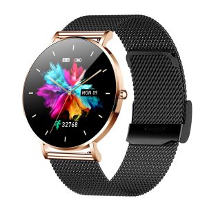 Likron T8pro Ultra-thin Smart Watch | 1.36" AMOLED Always-On Display | Bluetooth Call | Heart Rate & Blood Pressure Monitor | Women's Fitness Tracker - Rose gold head + black steel strap