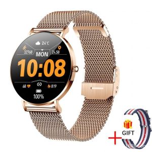 Likron T8pro Ultra-thin Smart Watch | 1.36" AMOLED Always-On Display | Bluetooth Call | Heart Rate & Blood Pressure Monitor | Women's Fitness Tracker - Rose gold + nylon strap (double strap)