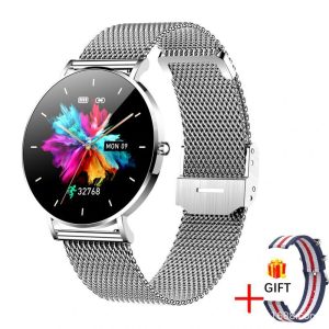 Likron T8pro Ultra-thin Smart Watch | 1.36" AMOLED Always-On Display | Bluetooth Call | Heart Rate & Blood Pressure Monitor | Women's Fitness Tracker - Silver steel + nylon strap (double strap)