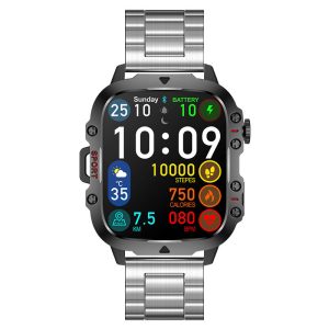 Likron Qx11 Smartwatch | 1.96" HD Display | Heart Rate, BP, SpO2 | Bluetooth Call | Zinc Alloy, Silicone | Deep Black, Beige | 3ATM | Android/iOS - Silver three beads