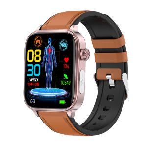Likron ET570 Smartwatch ECG, Bluetooth Call, Uric Acid, Blood Lipid, Blood Sugar Monitor, Micro-physical Exam - brown leather