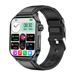 Likron ET580 Smartwatch: Bluetooth Call, ECG, Non-invasive Blood Glucose & Heart Rate Monitor, AMOLED Display - Black leather