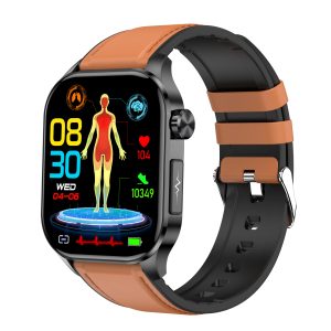 Likron ET580 Smartwatch: Bluetooth Call, ECG, Non-invasive Blood Glucose & Heart Rate Monitor, AMOLED Display - brown leather