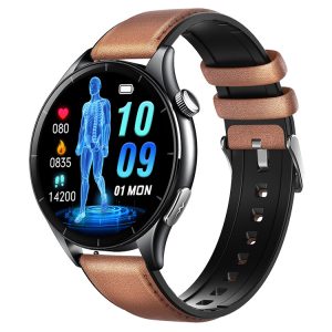 Likron ET458 Smartwatch ECG, Flashlight, Micro-Physical Exam, Emotion Detection, Health Tracker - brown leather