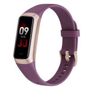 Likron C60 Smart Bracelet | 1.1" AMOLED | Body Temp, HR, BP, SpO2 Monitor | 25 Sports Modes | 3ATM Waterproof | PC+ABS/TPU | Magnetic Charge - Gold Case + Burgundy Strap