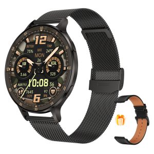 Likron Km100 Smartwatch Ultra-thin, Heart Rate, SpO2, Bluetooth Call, Waterproof, 1.75" AMOLED Round Screen,Rose Gold/Silver/Dark - Black steel strap + black leather strap