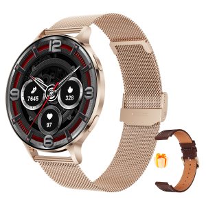 Likron Km100 Smartwatch Ultra-thin, Heart Rate, SpO2, Bluetooth Call, Waterproof, 1.75" AMOLED Round Screen,Rose Gold/Silver/Dark - Gold steel strap + brown leather strap