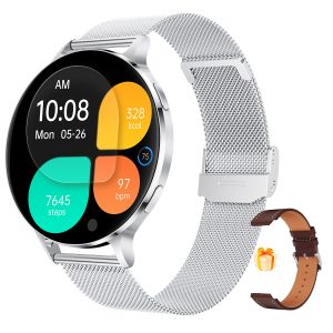 Likron Km100 Smartwatch Ultra-thin, Heart Rate, SpO2, Bluetooth Call, Waterproof, 1.75" AMOLED Round Screen,Rose Gold/Silver/Dark - Silver steel strap + silver leather strap