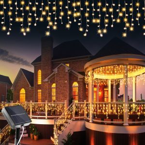 Solar Icicle Christmas Lights - 8 Modes Waterproof Outdoor Fairy Lights - Warm White