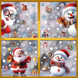 Christmas Static Window Clings - Festive Snowman & Snowflake Decals (Multiple Sheet Packs) - XF 4PCS