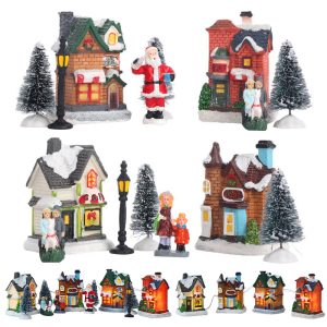 16PCS LED Christmas Village Set - Resin Figurines & Lighted Miniature Houses