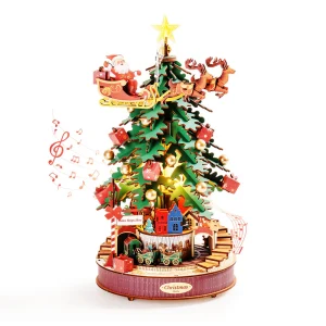 3D Wooden Christmas Tree Puzzle with Music Box & LED Light - DIY Craft Kit