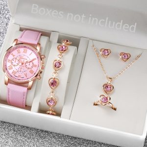 5Pcs Women's Quartz Watch & Butterfly Jewelry Set - Analog Wristwatch with Rhinestone Accents
