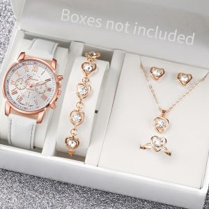 5Pcs Women's Quartz Watch & Butterfly Jewelry Set - Analog Wristwatch with Rhinestone Accents - White Set No Box