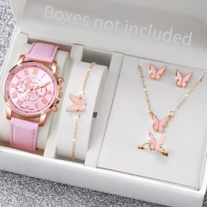 5Pcs Women's Quartz Watch & Butterfly Jewelry Set - Analog Wristwatch with Rhinestone Accents - C Without Box