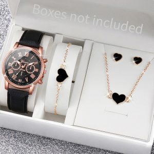 5Pcs Women's Quartz Watch & Butterfly Jewelry Set - Analog Wristwatch with Rhinestone Accents - E Without Box
