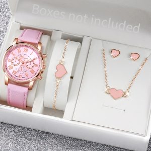 5Pcs Women's Quartz Watch & Butterfly Jewelry Set - Analog Wristwatch with Rhinestone Accents - F Without Box
