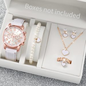 5Pcs Women's Quartz Watch & Butterfly Jewelry Set - Analog Wristwatch with Rhinestone Accents - G Without Box