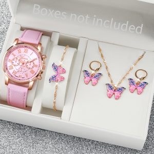 5Pcs Women's Quartz Watch & Butterfly Jewelry Set - Analog Wristwatch with Rhinestone Accents - H Without Box