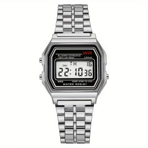 Retro Style LED Digital Watch for Men and Women, Multi-functional Electronic Sports Clock with Steel Band - Silvery
