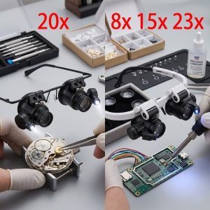 Magnifying Glasses For Close Work - Likron Professional Headband Style Loupe With Led Light Illumination And Four Swapping Lens Powers (10x 15x 20x 25x) For Watchmakers And Jewelry Tasks