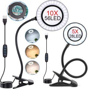 Likron USB Powered LED Magnifying Lamp with Clamp, 3 Color Modes, 10 Brightness Levels, Adjustable Gooseneck for Reading, Crafts, and Close Work