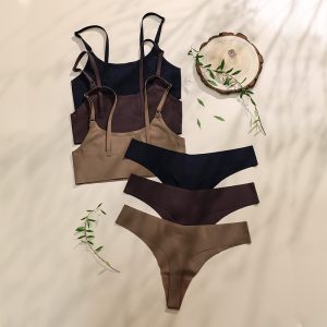 Seamless Wireless Bras and Thong Underwear Set for Women - Solid Color Ice Silk Comfort Lingerie