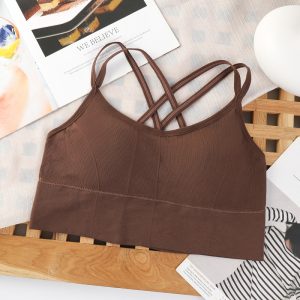 2pcs Premium Women’s Cross-Back Sports Bra - High-Support Yoga & Fitness Tank Top - Breathable Moisture-Wicking Fabric for Everyday Comfort - Cameo Brown