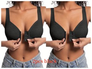 Premium Front Closure Wire-free Comfort Bra - Full Coverage Support for All-Day Wear, Easy Hook-and-Eye Design, Breathable Fabric (2-Pack) - 2pcs Black