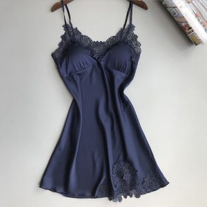 Premium Satin Silk Nightdress with Lace Trim - Breathable Sleeveless Sleepwear for Women - Elegant Lounge & Bedtime Comfort - Navy