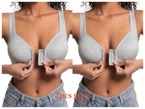 Premium Front Closure Wire-free Comfort Bra - Full Coverage Support for All-Day Wear, Easy Hook-and-Eye Design, Breathable Fabric (2-Pack) - 2pcs Gray