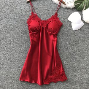 Premium Satin Silk Nightdress with Lace Trim - Breathable Sleeveless Sleepwear for Women - Elegant Lounge & Bedtime Comfort - Red