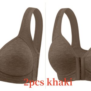 Premium Front Closure Wire-free Comfort Bra - Full Coverage Support for All-Day Wear, Easy Hook-and-Eye Design, Breathable Fabric (2-Pack) - 2pcs Khaki