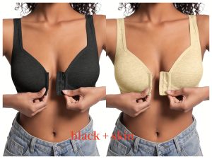 Premium Front Closure Wire-free Comfort Bra - Full Coverage Support for All-Day Wear, Easy Hook-and-Eye Design, Breathable Fabric (2-Pack) - Skin Black