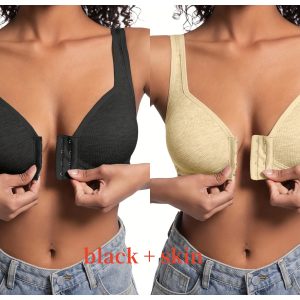 Premium Front Closure Wire-free Comfort Bra - Full Coverage Support for All-Day Wear, Easy Hook-and-Eye Design, Breathable Fabric (2-Pack) - Skin Black