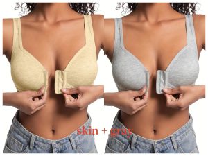 Premium Front Closure Wire-free Comfort Bra - Full Coverage Support for All-Day Wear, Easy Hook-and-Eye Design, Breathable Fabric (2-Pack) - Skin Gray