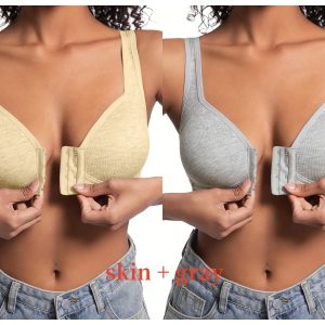 Premium Front Closure Wire-free Comfort Bra - Full Coverage Support for All-Day Wear, Easy Hook-and-Eye Design, Breathable Fabric (2-Pack) - Skin Gray