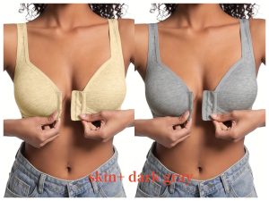 Premium Front Closure Wire-free Comfort Bra - Full Coverage Support for All-Day Wear, Easy Hook-and-Eye Design, Breathable Fabric (2-Pack) - Skin Dark Gray