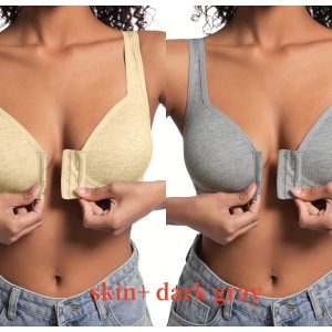 Premium Front Closure Wire-free Comfort Bra - Full Coverage Support for All-Day Wear, Easy Hook-and-Eye Design, Breathable Fabric (2-Pack) - Skin Dark Gray