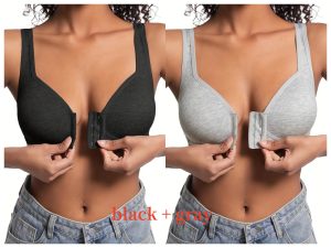 Premium Front Closure Wire-free Comfort Bra - Full Coverage Support for All-Day Wear, Easy Hook-and-Eye Design, Breathable Fabric (2-Pack) - Black Gray