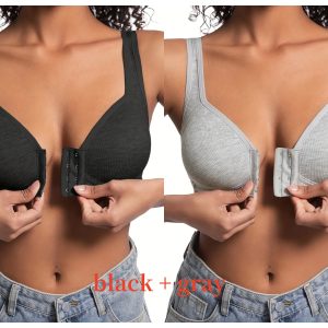 Premium Front Closure Wire-free Comfort Bra - Full Coverage Support for All-Day Wear, Easy Hook-and-Eye Design, Breathable Fabric (2-Pack) - Black Gray