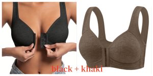 Premium Front Closure Wire-free Comfort Bra - Full Coverage Support for All-Day Wear, Easy Hook-and-Eye Design, Breathable Fabric (2-Pack) - Black Khaki